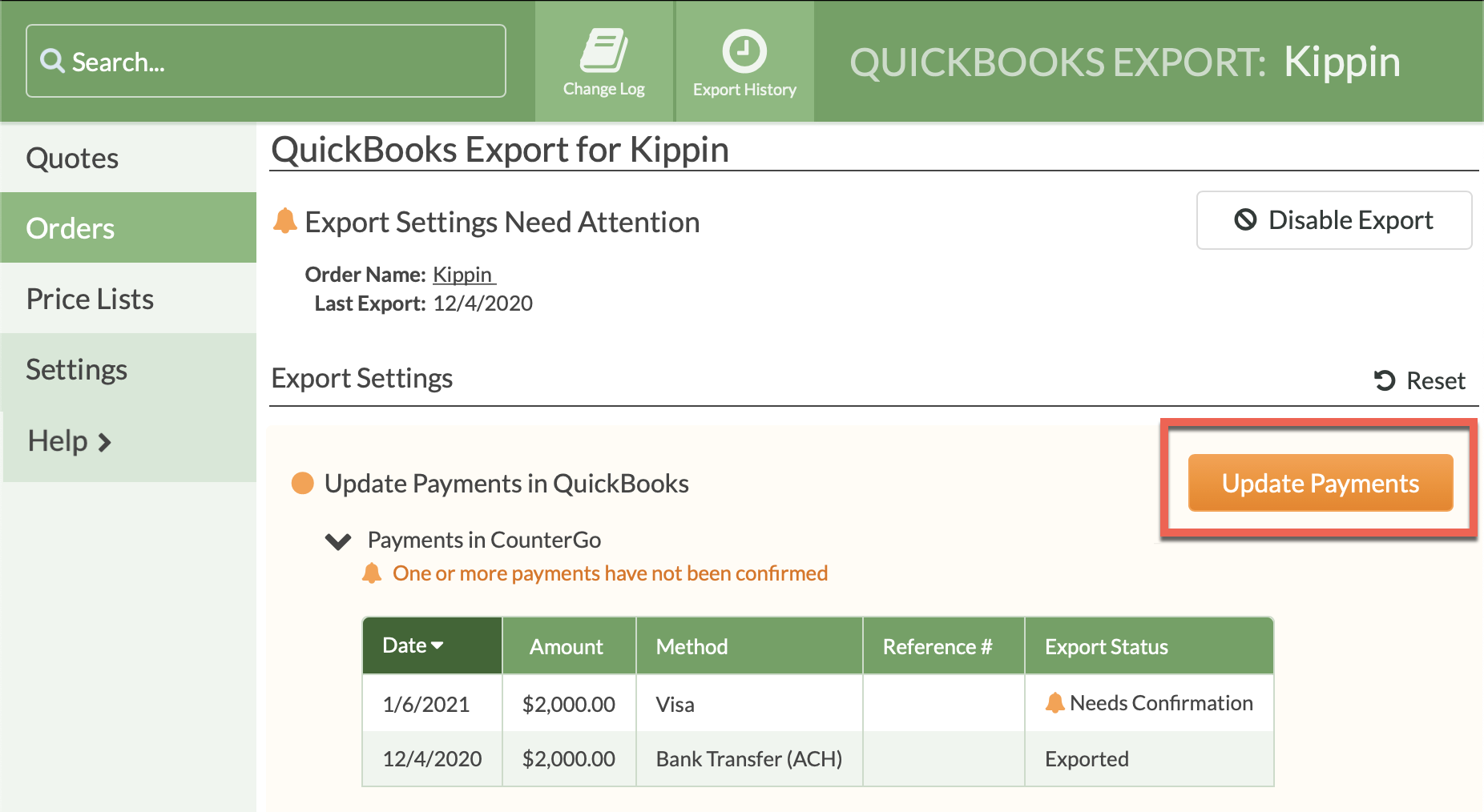 Export recorded payments to quickbooks